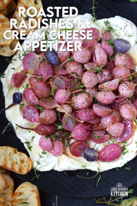 A beautifully delicious app or side, this Roasted Radish and Cream Cheese Appetizer recipe is quick and easy to prepare! The cream cheese spread is filled with fresh, robust flavour while the radishes are roasted until tender in a mild and simple salt and pepper seasoning. Drizzle with honey for a touch of sweetness! #appetizer #roasted #radish #honey #dip