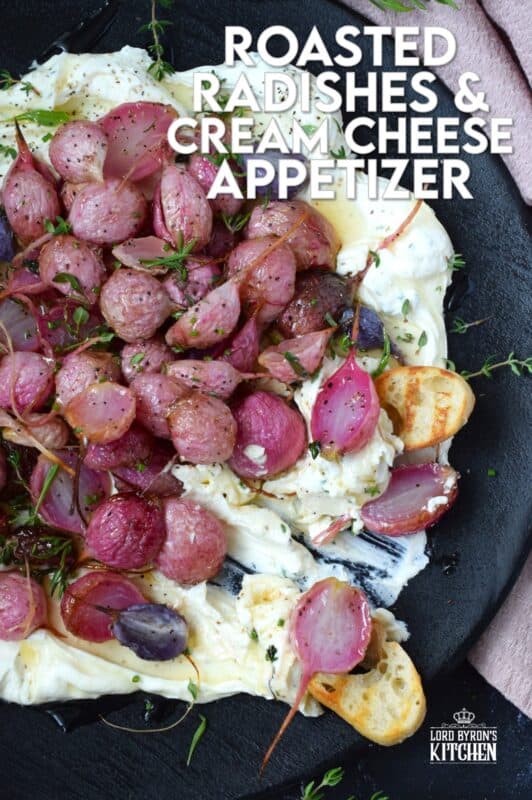 A beautifully delicious app or side, this Roasted Radish and Cream Cheese Appetizer recipe is quick and easy to prepare! The cream cheese spread is filled with fresh, robust flavour while the radishes are roasted until tender in a mild and simple salt and pepper seasoning. Drizzle with honey for a touch of sweetness! #appetizer #roasted #radish #honey #dip