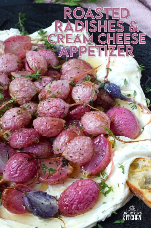 A beautifully delicious app or side, this Roasted Radish and Cream Cheese Appetizer recipe is quick and easy to prepare! The cream cheese spread is filled with fresh, robust flavour while the radishes are roasted until tender in a mild and simple salt and pepper seasoning. Drizzle with honey for a touch of sweetness! #appetizer #roasted #radish #honey #dip
