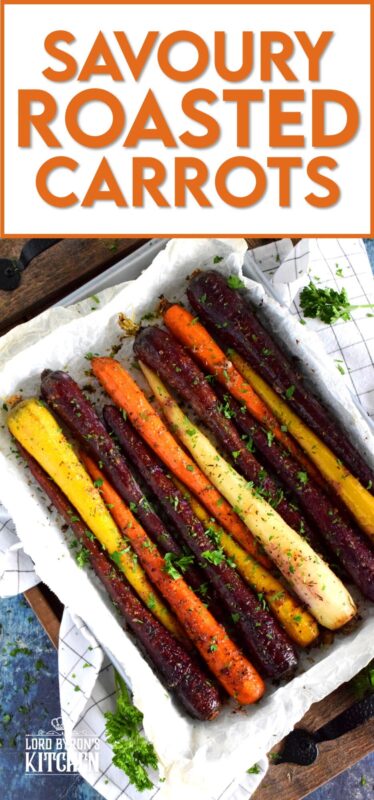 A wonderful, earthy side dish, Savoury Roasted Carrots combines dried pantry herbs with olive oil to make a home-style, rustic - and colourful! - side dish. Surprisingly simple, yet extremely delicious, this is one of my most popular holiday recipes! #carrots #roasted #heirloom