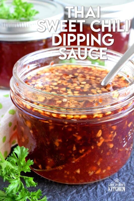 You'll find a thousand ways to use this Thai Sweet Chili Dipping Sauce! It's a little spicy, a little sweet, and a little acidic, which makes a great dip for spring rolls! Spoon some over fried rice or use it as a marinade for chicken or pork. These jars make great gifts too! #dippingsauce #chilisauce #sweet #spicy #thai #dip