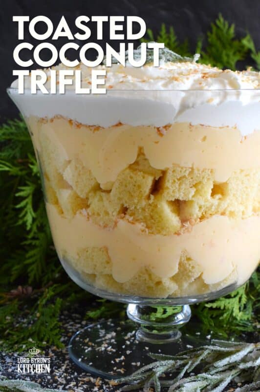 For all of my fellow coconut aficionados, this one is for you! Prepared with toasted coconut, coconut pound cake, and coconut cream filling, you're sure to get your coconut fix with a big bite of this Toasted Coconut Trifle! One of the easiest desserts to prepare, but with gorgeous presentation results! #trifle #toasted #coconut #cream #pie 