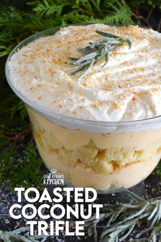 For all of my fellow coconut aficionados, this one is for you! Prepared with toasted coconut, coconut pound cake, and coconut cream filling, you're sure to get your coconut fix with a big bite of this Toasted Coconut Trifle! One of the easiest desserts to prepare, but with gorgeous presentation results! #trifle #toasted #coconut #cream #pie 