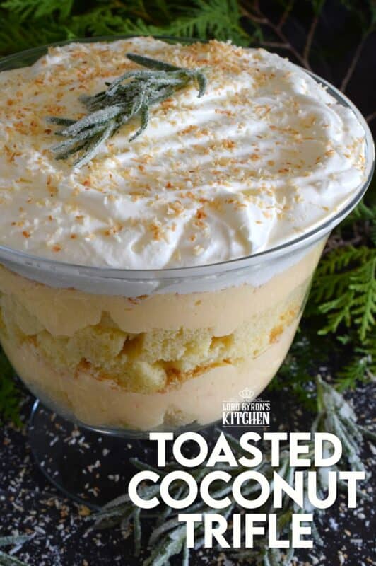 For all of my fellow coconut aficionados, this one is for you! Prepared with toasted coconut, coconut pound cake, and coconut cream filling, you're sure to get your coconut fix with a big bite of this Toasted Coconut Trifle! One of the easiest desserts to prepare, but with gorgeous presentation results! #trifle #toasted #coconut #cream #pie 