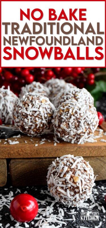 One of the most recognized confections in Newfoundland, these traditional snowballs are a no-bake version with lots of chocolate and coconut flavour! These delicious treats show up in almost every household at Christmastime, but in our home, they were eaten and enjoyed throughout the year! #nobake #snowballs #newfoundland #traditional #christmas