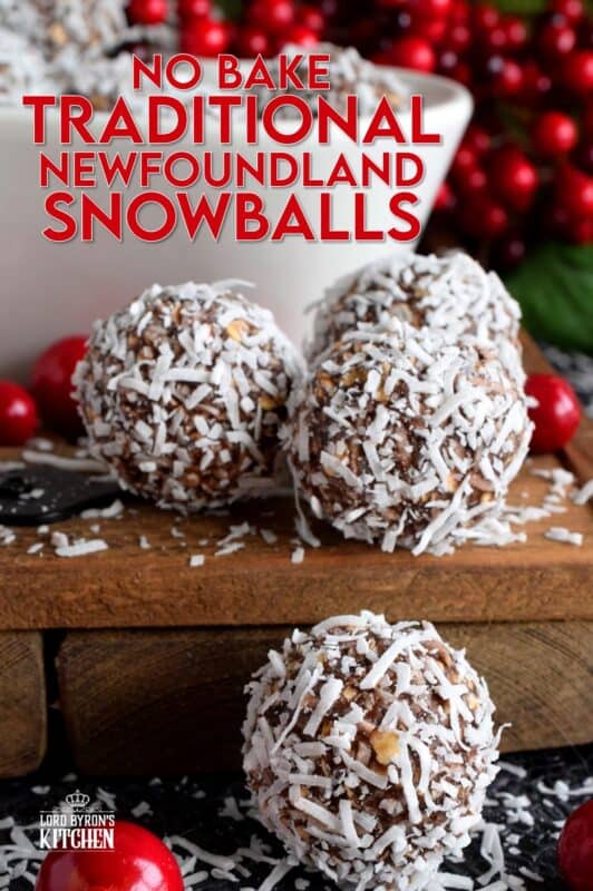 One of the most recognized confections in Newfoundland, these traditional snowballs are a no-bake version with lots of chocolate and coconut flavour! These delicious treats show up in almost every household at Christmastime, but in our home, they were eaten and enjoyed throughout the year! #nobake #snowballs #newfoundland #traditional #christmas