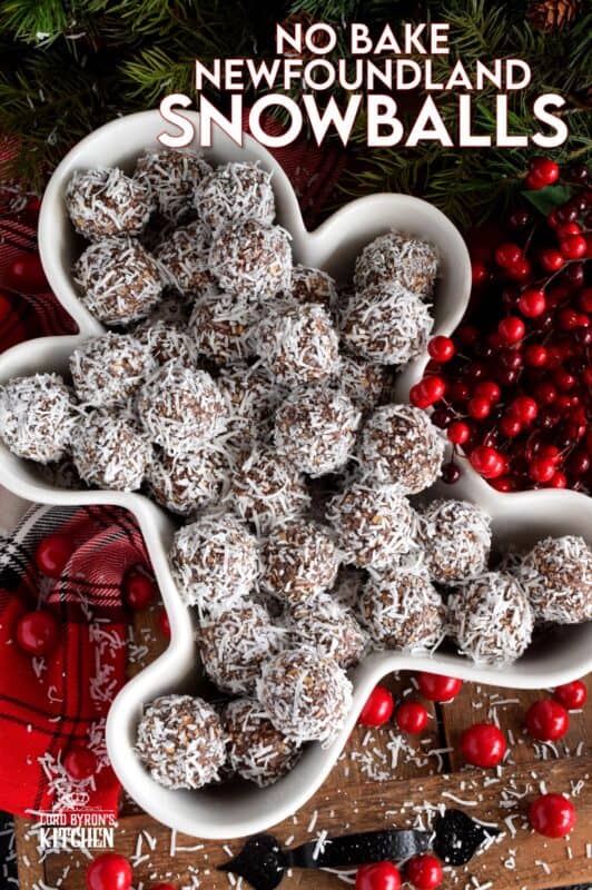 One of the most recognized confections in Newfoundland, these traditional snowballs are a no-bake version with lots of chocolate and coconut flavour! These delicious treats show up in almost every household at Christmastime, but in our home, they were eaten and enjoyed throughout the year! #nobake #snowballs #newfoundland #traditional #christmas