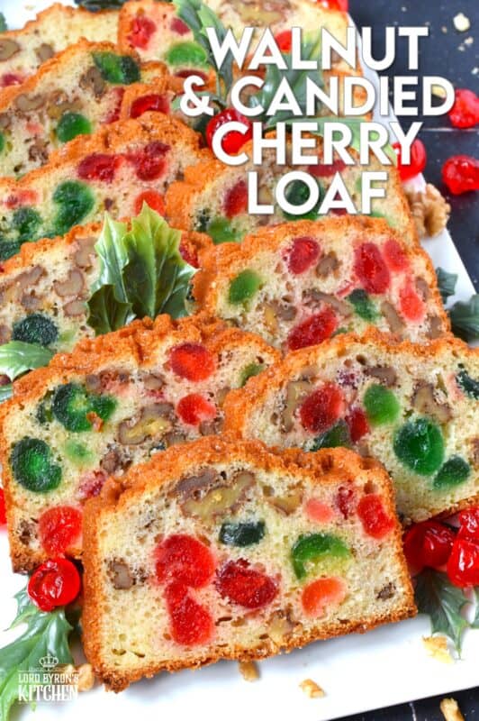 Packed full of red and green candied cherries and whole toasted walnuts, this Walnut and Candied Cherry Loaf is loaded with familiar and cozy holiday flavour! This moist and delicious fuss-free loaf does not require or need any glaze or frosting; serve it just as is, because it is quite perfect! #candied #cherries #walnut #loaf #bread