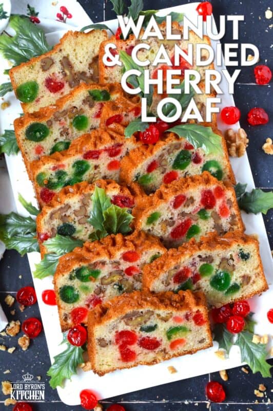 Packed full of red and green candied cherries and whole toasted walnuts, this Walnut and Candied Cherry Loaf is loaded with familiar and cozy holiday flavour! This moist and delicious fuss-free loaf does not require or need any glaze or frosting; serve it just as is, because it is quite perfect! #candied #cherries #walnut #loaf #bread