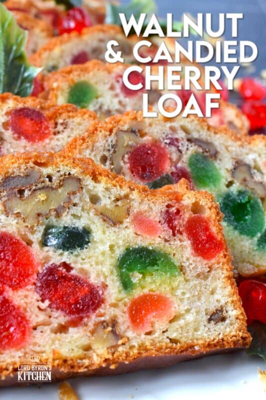 Packed full of red and green candied cherries and whole toasted walnuts, this Walnut and Candied Cherry Loaf is loaded with familiar and cozy holiday flavour! This moist and delicious fuss-free loaf does not require or need any glaze or frosting; serve it just as is, because it is quite perfect! #candied #cherries #walnut #loaf #bread