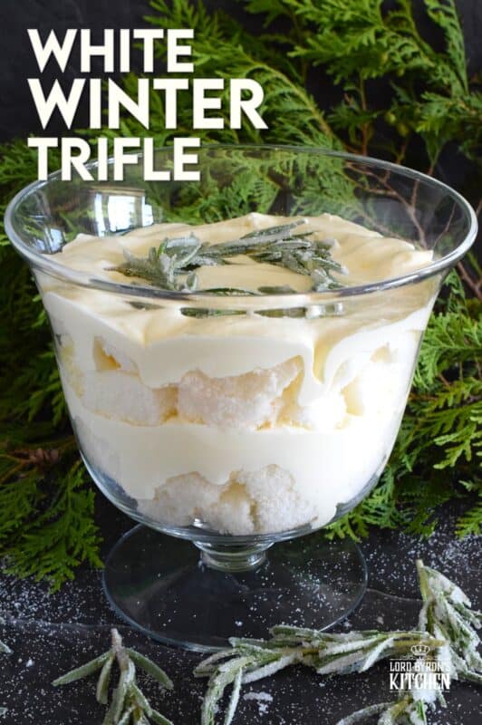 Everyone dreams of a white Christmas, or at least I do! If mother nature fails to deliver, one can always find comfort in a delicious, light, and fluffy dessert like this White Winter Trifle! Layers of angel food cake and homemade white chocolate whipped cream combine to make the most purely elegant treat! #trifle #winter #white #nobake #ganache #angelfood