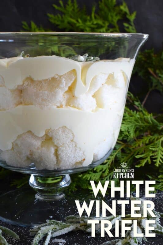 Everyone dreams of a white Christmas, or at least I do! If mother nature fails to deliver, one can always find comfort in a delicious, light, and fluffy dessert like this White Winter Trifle! Layers of angel food cake and homemade white chocolate whipped cream combine to make the most purely elegant treat! #trifle #winter #white #nobake #ganache #angelfood