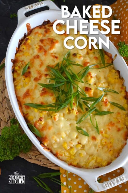 It's the last of summer fresh corn, so rather than serving the same corn on the cob, kick up the flavour and texture with this Baked Cheese Corn! Prepare the whole thing ahead of time - even a day or two in advance! - and pop it in the oven for 15 minutes just before you are ready to eat!  It's easy, it's cheesy, and it's delicious! #corn #cheesecorn #cheesy #baked #side #vegetable