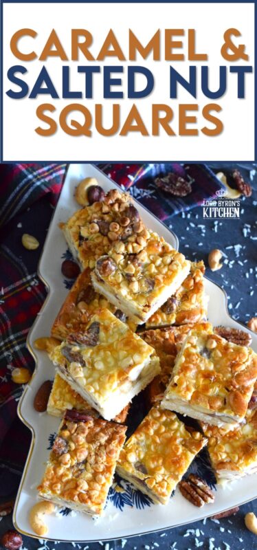 There are so many versions of these layered types of squares, but this one is unique in the way that it uses a store-bought boxed cake mix for the base. You don't need to bake the cake first! Deliciously sweet and sticky Caramel and Salted Nut Squares are so quick and easy to make! #squares #bars #layered #condensed #milk #caramel #nuts #salted