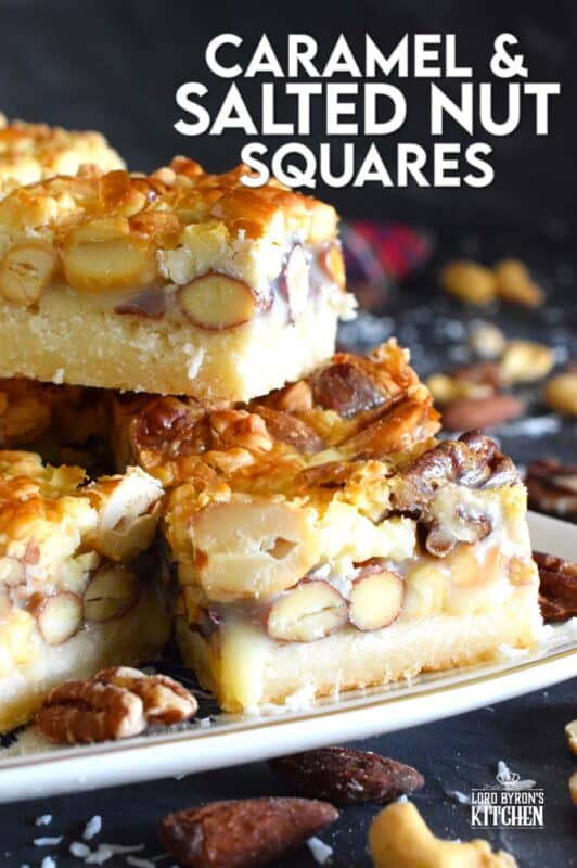 There are so many versions of these layered types of squares, but this one is unique in the way that it uses a store-bought boxed cake mix for the base. You don't need to bake the cake first! Deliciously sweet and sticky Caramel and Salted Nut Squares are so quick and easy to make! #squares #bars #layered #condensed #milk #caramel #nuts #salted