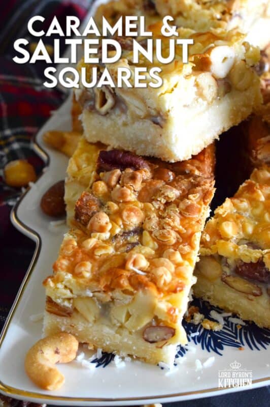 There are so many versions of these layered types of squares, but this one is unique in the way that it uses a store-bought boxed cake mix for the base. You don't need to bake the cake first! Deliciously sweet and sticky Caramel and Salted Nut Squares are so quick and easy to make! #squares #bars #layered #condensed #milk #caramel #nuts #salted
