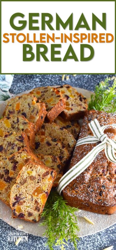 Traditionally prepared stollen, depending on the recipe and method, can take more than a day to prepare. This German Stollen-Inspired Bread makes use of the flavours associated with stollen but cuts back drastically on the time it usually takes. Steep the ingredients with rum or make it alcohol-free with apple juice instead. #stollen #christmas #bread #loaf #easy #inspired #german