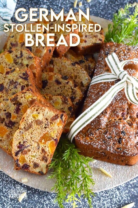 Traditionally prepared stollen, depending on the recipe and method, can take more than a day to prepare. This German Stollen-Inspired Bread makes use of the flavours associated with stollen but cuts back drastically on the time it usually takes. Steep the ingredients with rum or make it alcohol-free with apple juice instead. #stollen #christmas #bread #loaf #easy #inspired #german