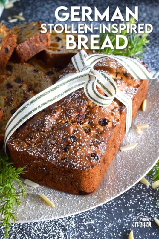 Traditionally prepared stollen, depending on the recipe and method, can take more than a day to prepare. This German Stollen-Inspired Bread makes use of the flavours associated with stollen but cuts back drastically on the time it usually takes. Steep the ingredients with rum or make it alcohol-free with apple juice instead. #stollen #christmas #bread #loaf #easy #inspired #german