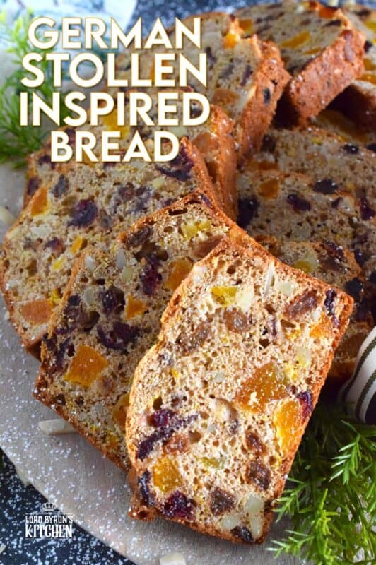 Traditionally prepared stollen, depending on the recipe and method, can take more than a day to prepare. This German Stollen-Inspired Bread makes use of the flavours associated with stollen but cuts back drastically on the time it usually takes. Steep the ingredients with rum or make it alcohol-free with apple juice instead. #stollen #christmas #bread #loaf #easy #inspired #german