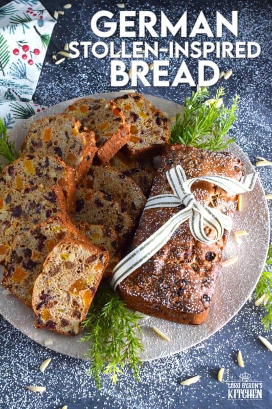 Traditionally prepared stollen, depending on the recipe and method, can take more than a day to prepare. This German Stollen-Inspired Bread makes use of the flavours associated with stollen but cuts back drastically on the time it usually takes. Steep the ingredients with rum or make it alcohol-free with apple juice instead. #stollen #christmas #bread #loaf #easy #inspired #german