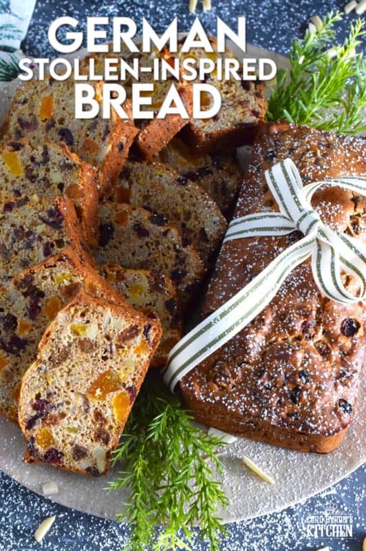 Traditionally prepared stollen, depending on the recipe and method, can take more than a day to prepare. This German Stollen-Inspired Bread makes use of the flavours associated with stollen but cuts back drastically on the time it usually takes. Steep the ingredients with rum or make it alcohol-free with apple juice instead. #stollen #christmas #bread #loaf #easy #inspired #german