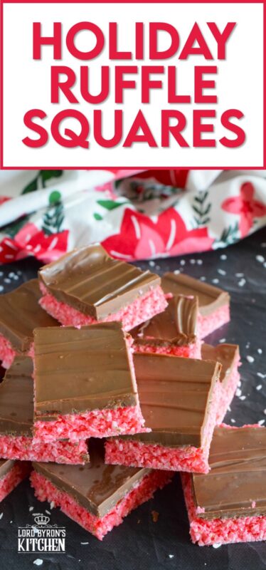 Holiday Ruffle Squares rely heavily on powdered jello mix for their flavour and colour. With only five ingredients, these squares are a no-bake confection that is easy to prepare and delicious to eat! Use any jello flavour you wish here; I'm using cherry to get that Christmasy red colour. #ruffle #nobake #squares #jello #christmas #bars #holiday