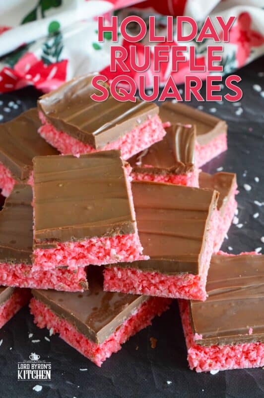 Holiday Ruffle Squares rely heavily on powdered jello mix for their flavour and colour. With only five ingredients, these squares are a no-bake confection that is easy to prepare and delicious to eat! Use any jello flavour you wish here; I'm using cherry to get that Christmasy red colour. #ruffle #nobake #squares #jello #christmas #bars #holiday