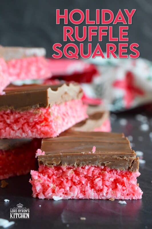 Holiday Ruffle Squares rely heavily on powdered jello mix for their flavour and colour. With only five ingredients, these squares are a no-bake confection that is easy to prepare and delicious to eat! Use any jello flavour you wish here; I'm using cherry to get that Christmasy red colour. #ruffle #nobake #squares #jello #christmas #bars #holiday