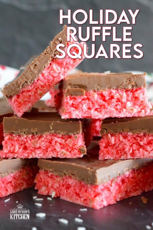 Holiday Ruffle Squares rely heavily on powdered jello mix for their flavour and colour. With only five ingredients, these squares are a no-bake confection that is easy to prepare and delicious to eat! Use any jello flavour you wish here; I'm using cherry to get that Christmasy red colour. #ruffle #nobake #squares #jello #christmas #bars #holiday