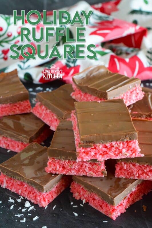 Holiday Ruffle Squares rely heavily on powdered jello mix for their flavour and colour. With only five ingredients, these squares are a no-bake confection that is easy to prepare and delicious to eat! Use any jello flavour you wish here; I'm using cherry to get that Christmasy red colour. #ruffle #nobake #squares #jello #christmas #bars #holiday