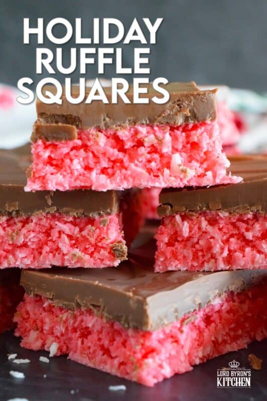 Holiday Ruffle Squares rely heavily on powdered jello mix for their flavour and colour. With only five ingredients, these squares are a no-bake confection that is easy to prepare and delicious to eat! Use any jello flavour you wish here; I'm using cherry to get that Christmasy red colour. #ruffle #nobake #squares #jello #christmas #bars #holiday