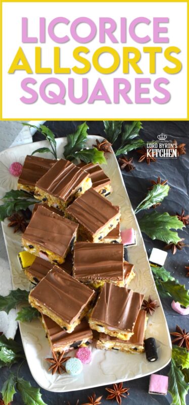 For as long as I can remember, these strongly flavoured chewy candies have been present in our home at Christmastime. I'm talking about Allsorts and this year, I'm incorporating them into a no-bake confection. These licorice squares are uniquely delicious! #allsorts #licorice #candy #squares #nobake #christmas