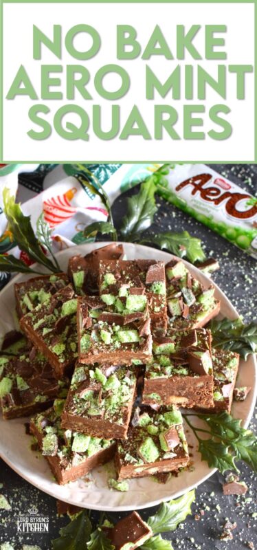 The airy, bubbly, chocolatey popular confection known as the Aero Bar, is paired with crushed cookies, cocoa powder, sweetened condensed milk, and melted milk chocolate in this No Bake Aero Mint Squares recipe. These are absolutely delicious, which makes sharing very difficult! #nestle #aero #mint #bars #nobake