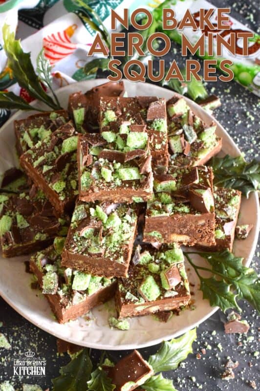 The airy, bubbly, chocolatey popular confection known as the Aero Bar, is paired with crushed cookies, cocoa powder, sweetened condensed milk, and melted milk chocolate in this No Bake Aero Mint Squares recipe. These are absolutely delicious, which makes sharing very difficult! #nestle #aero #mint #bars #nobake