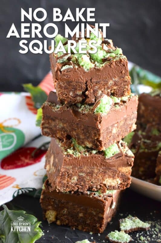 The airy, bubbly, chocolatey popular confection known as the Aero Bar, is paired with crushed cookies, cocoa powder, sweetened condensed milk, and melted milk chocolate in this No Bake Aero Mint Squares recipe. These are absolutely delicious, which makes sharing very difficult! #nestle #aero #mint #bars #nobake