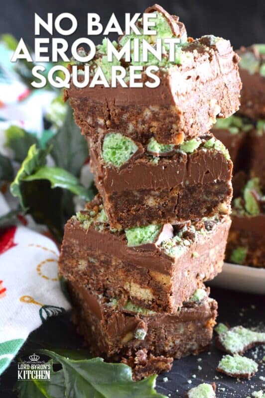 The airy, bubbly, chocolatey popular confection known as the Aero Bar, is paired with crushed cookies, cocoa powder, sweetened condensed milk, and melted milk chocolate in this No Bake Aero Mint Squares recipe. These are absolutely delicious, which makes sharing very difficult! #nestle #aero #mint #bars #nobake