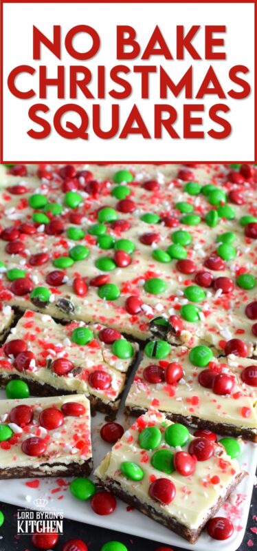 No Bake Christmas Squares have a rich, chocolatey base prepared with crushed cookies, cocoa, and brown sugar. They are topped with melted white chocolate, crushed candy canes, and holiday M&Ms. Only 25 minutes from start to finish! #mms #nobake #christmas #peppermint #cookies #bars #squares