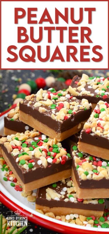 Peanut Butter Squares are a twist on the classic Peanut Butter Ball recipe. These are less time-consuming for sure but are prepared with the smooth peanut butter lover in mind. It's the same great taste but without the crunch of the rice cereal! Christmas cookie boxes are nothing without these delicious confections! #peanutbutter #christmas #squares #nobake