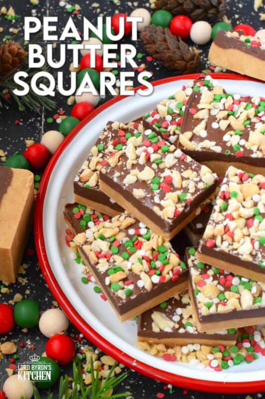 Peanut Butter Squares are a twist on the classic Peanut Butter Ball recipe. These are less time-consuming for sure but are prepared with the smooth peanut butter lover in mind. It's the same great taste but without the crunch of the rice cereal! Christmas cookie boxes are nothing without these delicious confections! #peanutbutter #christmas #squares #nobake