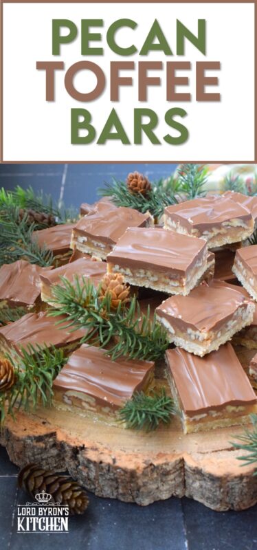 Loaded with toasted pecans, these Pecan Toffee Bars have a shortbread crumb base and a caramel, pecan center. Topped with melted milk chocolate, these bars are just heavenly! This is a holiday confection that will be difficult to share and part with. Maybe it's a good idea to make a double batch of these after all! #toffee #pecan #squares #bars