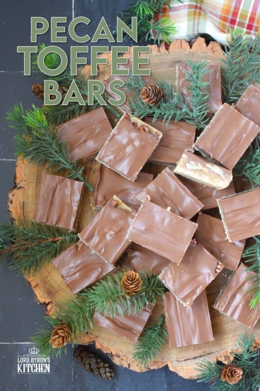 Loaded with toasted pecans, these Pecan Toffee Bars have a shortbread crumb base and a caramel, pecan center. Topped with melted milk chocolate, these bars are just heavenly! This is a holiday confection that will be difficult to share and part with. Maybe it's a good idea to make a double batch of these after all! #toffee #pecan #squares #bars