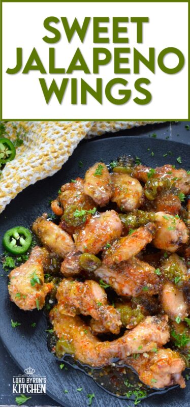 The wings are first baked to perfection with a crispy coating and a tender and juicy interior before being tossed in a thick, sweet, spicy, and sticky sauce. Sweet Jalapeno Wings are drenched in sauce, so be sure to have napkins close by! The combination of jalapenos with brown sugar, vinegar, and seasonings is simply wonderful! #chicken #wings #jalapeno #sticky #sweet #sauce