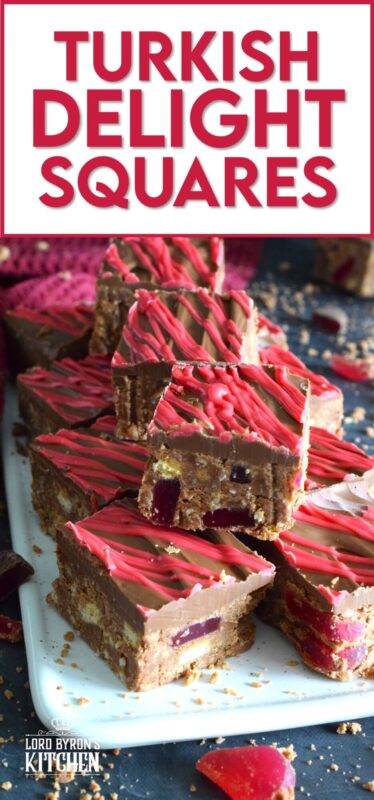 Prepared with Turkish Delight Chocolate Bars, these squares are flavoured with the familiar combination of rosewater, bergamot, and cinnamon. The chopped jellied candy is paired with condensed milk, coconut, crushed biscuits, and melted white chocolate. Turkish Delight Squares are extraordinarily delicious! #turkish #delight #rosewater #bergamot #nobake