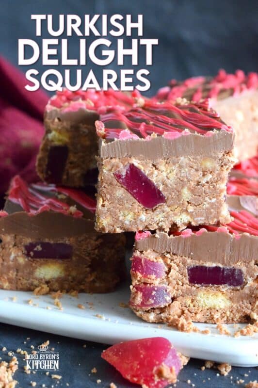 Prepared with Turkish Delight Chocolate Bars, these squares are flavoured with the familiar combination of rosewater, bergamot, and cinnamon. The chopped jellied candy is paired with condensed milk, coconut, crushed biscuits, and melted white chocolate. Turkish Delight Squares are extraordinarily delicious! #turkish #delight #rosewater #bergamot #nobake