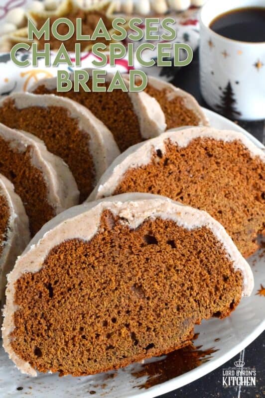 The combination of sweet and sticky molasses with the warm, comforting blend of homemade chai is a match made in holiday heaven! This bread is spiced with chai and baked to perfection. Topped with a thick layer of chai-infused glaze, this bread deserves nothing less than a quiet afternoon and a cup of hot tea! #chai #bread #spiced #loaf #molasses #holiday