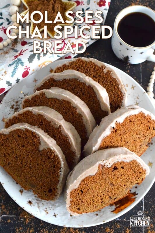 The combination of sweet and sticky molasses with the warm, comforting blend of homemade chai is a match made in holiday heaven! This bread is spiced with chai and baked to perfection. Topped with a thick layer of chai-infused glaze, this bread deserves nothing less than a quiet afternoon and a cup of hot tea! #chai #bread #spiced #loaf #molasses #holiday