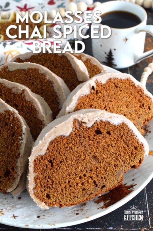 The combination of sweet and sticky molasses with the warm, comforting blend of homemade chai is a match made in holiday heaven! This bread is spiced with chai and baked to perfection. Topped with a thick layer of chai-infused glaze, this bread deserves nothing less than a quiet afternoon and a cup of hot tea! #chai #bread #spiced #loaf #molasses #holiday