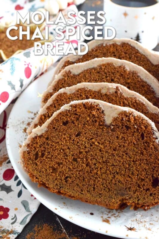 The combination of sweet and sticky molasses with the warm, comforting blend of homemade chai is a match made in holiday heaven! This bread is spiced with chai and baked to perfection. Topped with a thick layer of chai-infused glaze, this bread deserves nothing less than a quiet afternoon and a cup of hot tea! #chai #bread #spiced #loaf #molasses #holiday
