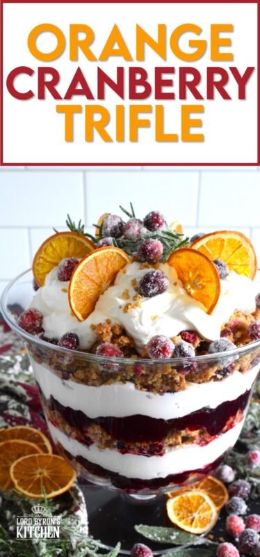 Freshly homemade cranberry squares are crumbled and layered with a delicious orange and rosemary-infused whipped cream. Topped with sugared cranberries and rosemary, this Orange Cranberry Trifle is a mouthwatering, showstopping holiday dessert! #trifle #cranberry #orange